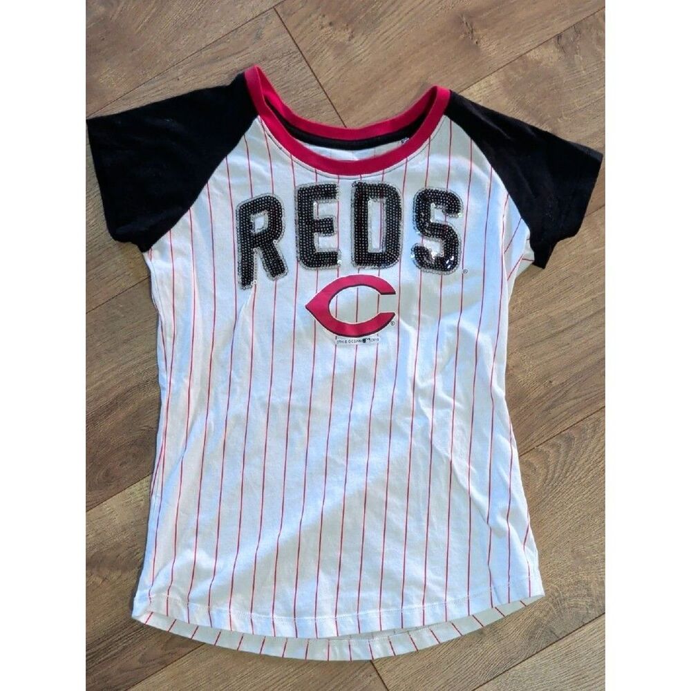 New Era Youth White and Black 'REDS' Pinstripe Baseball Tee with Red Trim